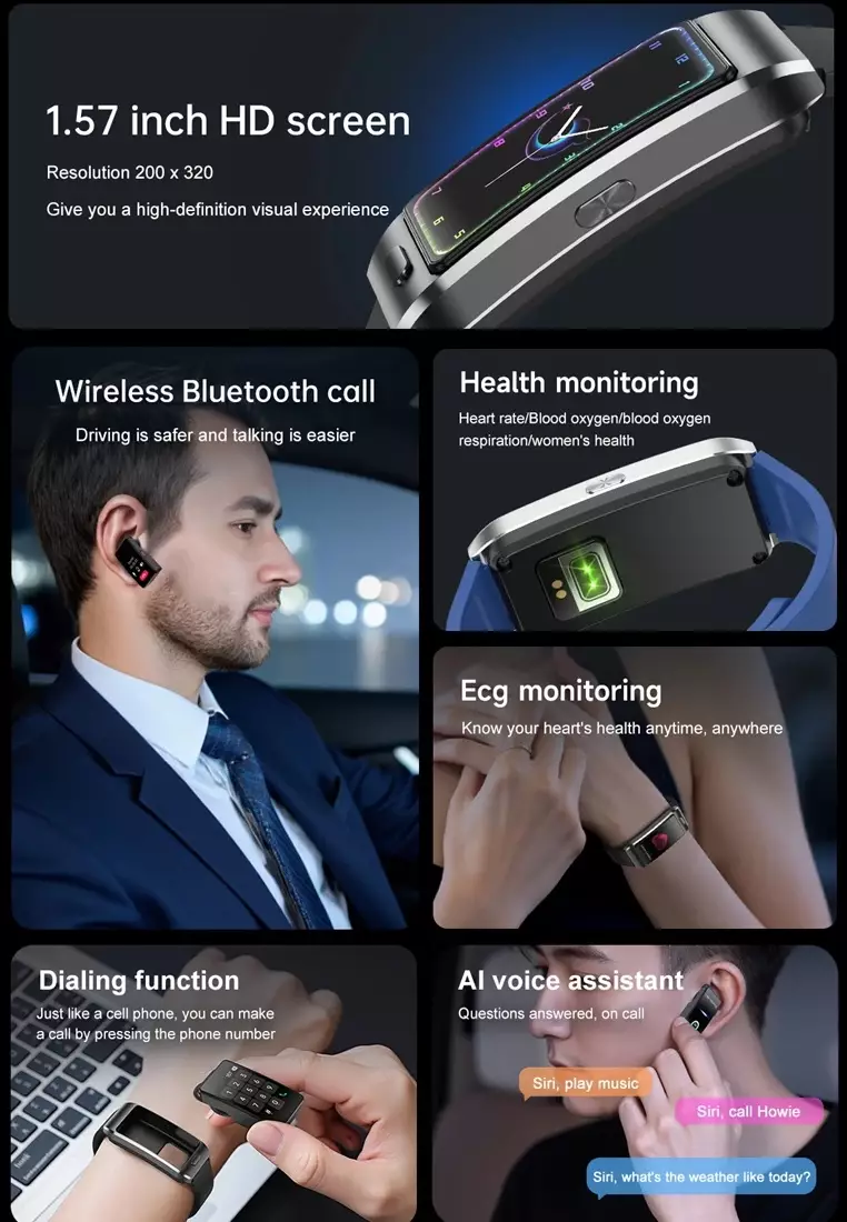 2 in 1 Smart Watch / Earphone - Unisex - IOS/Android - IP67 Waterproof - Silver/White