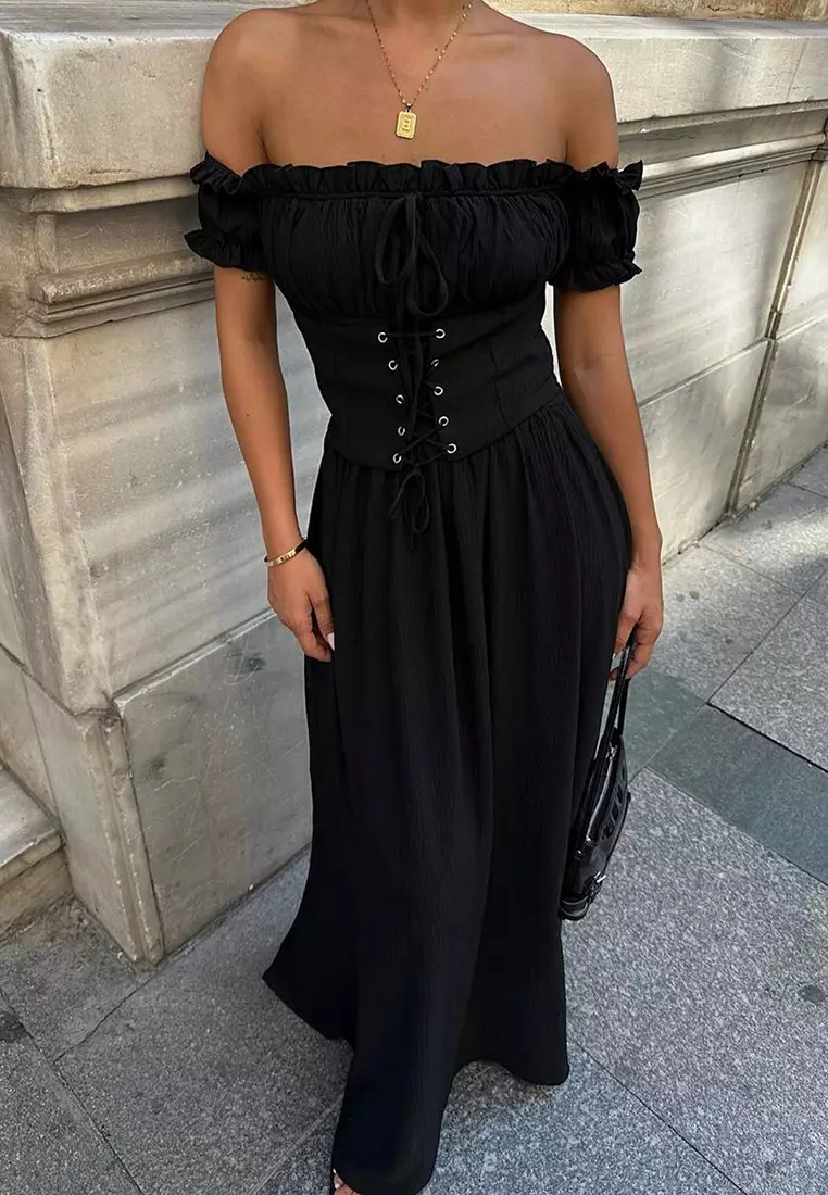 Black A-Line Carmen Neck Corset Look Elegant Evening Night Graduation Dress TPRSS25AE00133