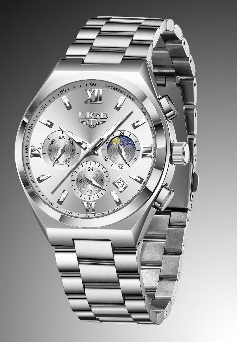 Chronograph Unisex Stainless Steel Quartz Watch 42mm, Silver dial, on Steel Bracelet