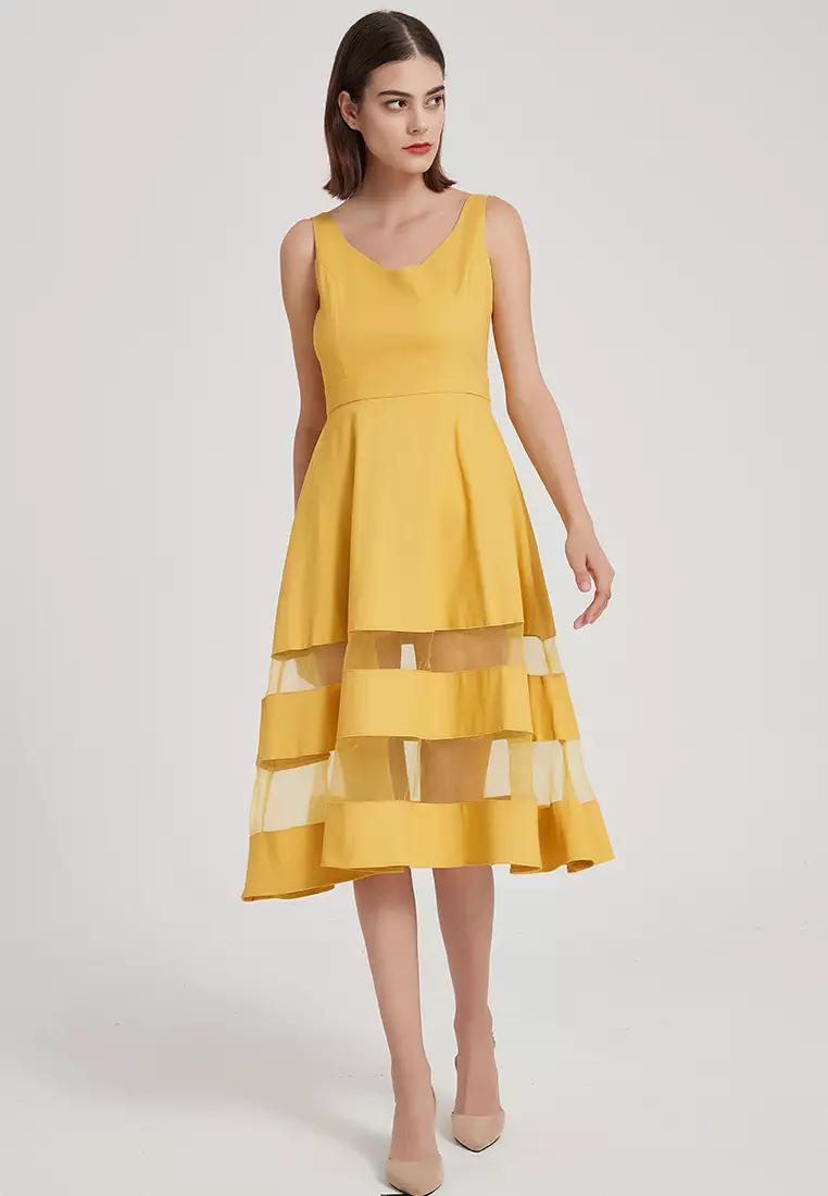 Original Design Elegant Temperament Sleeveless V-Neck Transparent Color block   A-Line One Piece Dress B22041206YE