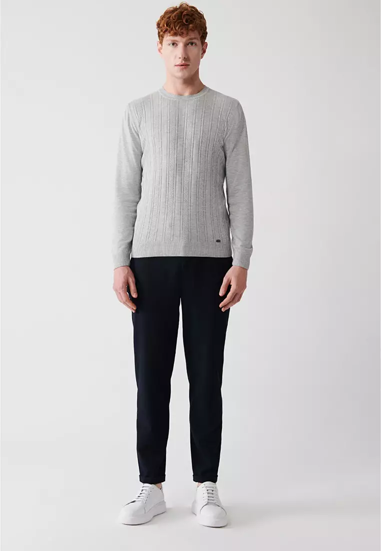 Men's Gray Crew Neck Patterned Knitwear Sweater A32Y5158