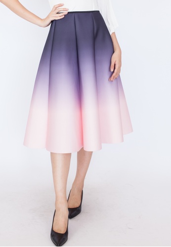 pink flared midi skirt