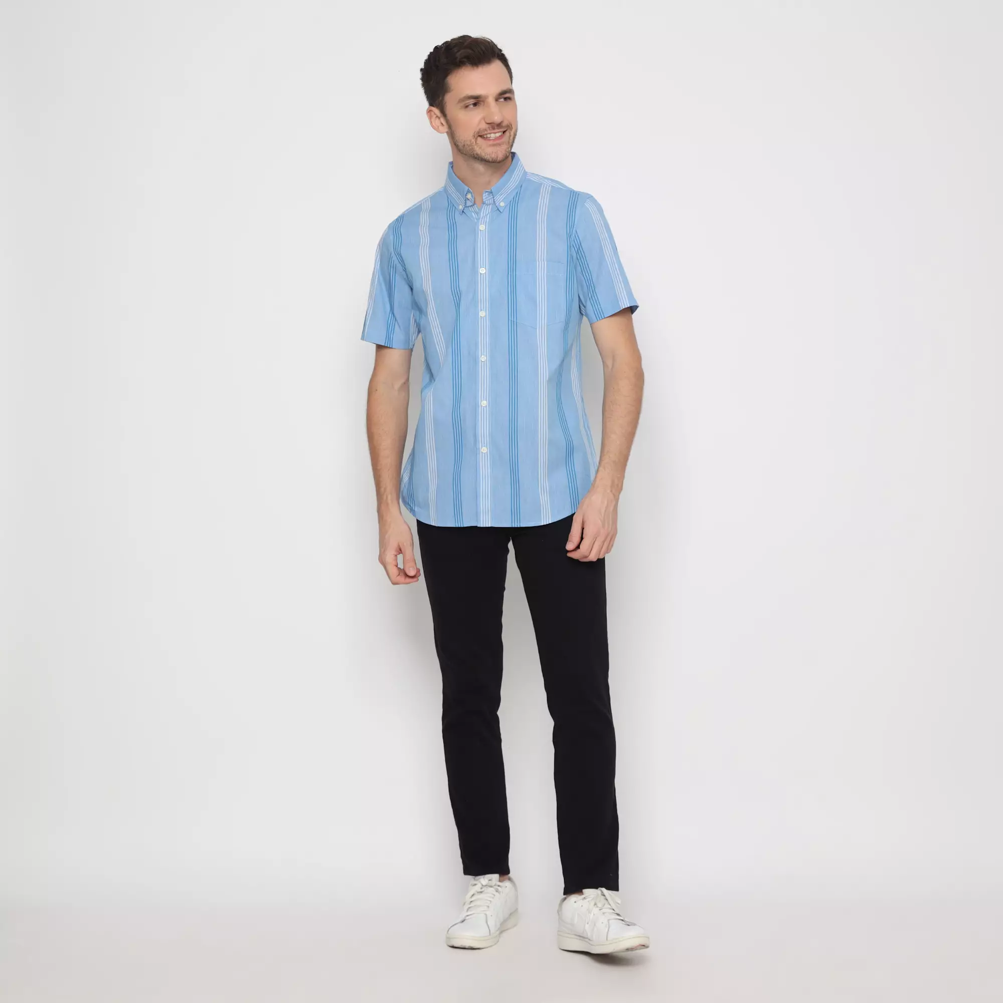 Platini Kemeja Motif Salur Pria Lengan Pendek Katun Biru 73463