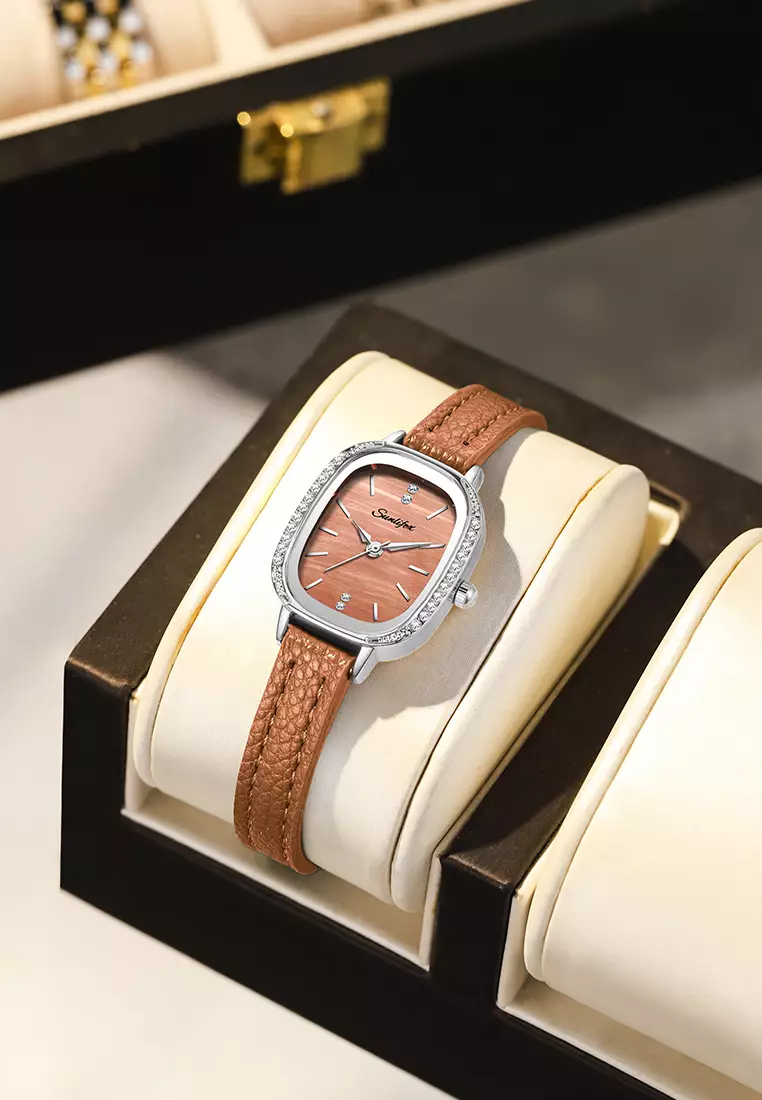 Jam Tangan Wanita Korea Elegan Berlian Vintage Dial Tali Kulit Anti Air Jam Tangan Cewek A002 Brown