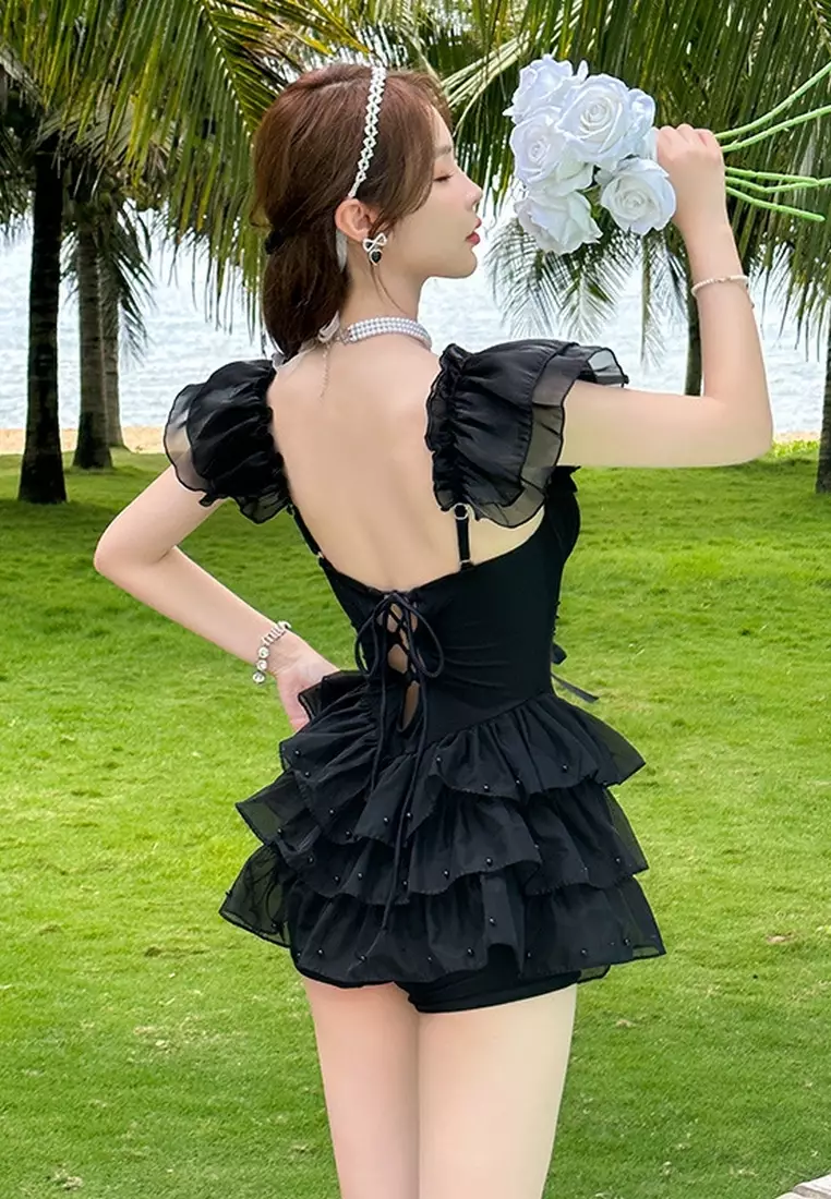 Black ruffle skirt one piece swimsuit best sale