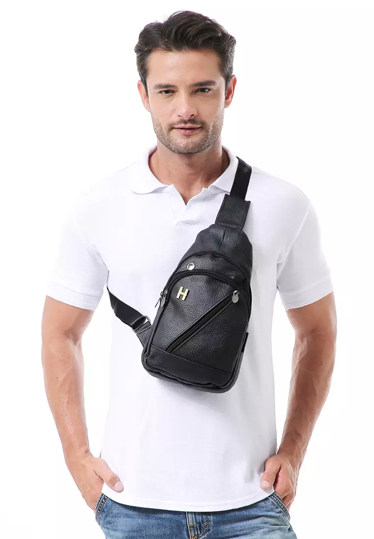 Edbert Slingbag Pria Motif Polos Tas Selempang Material Leather ORIGINAL - Black