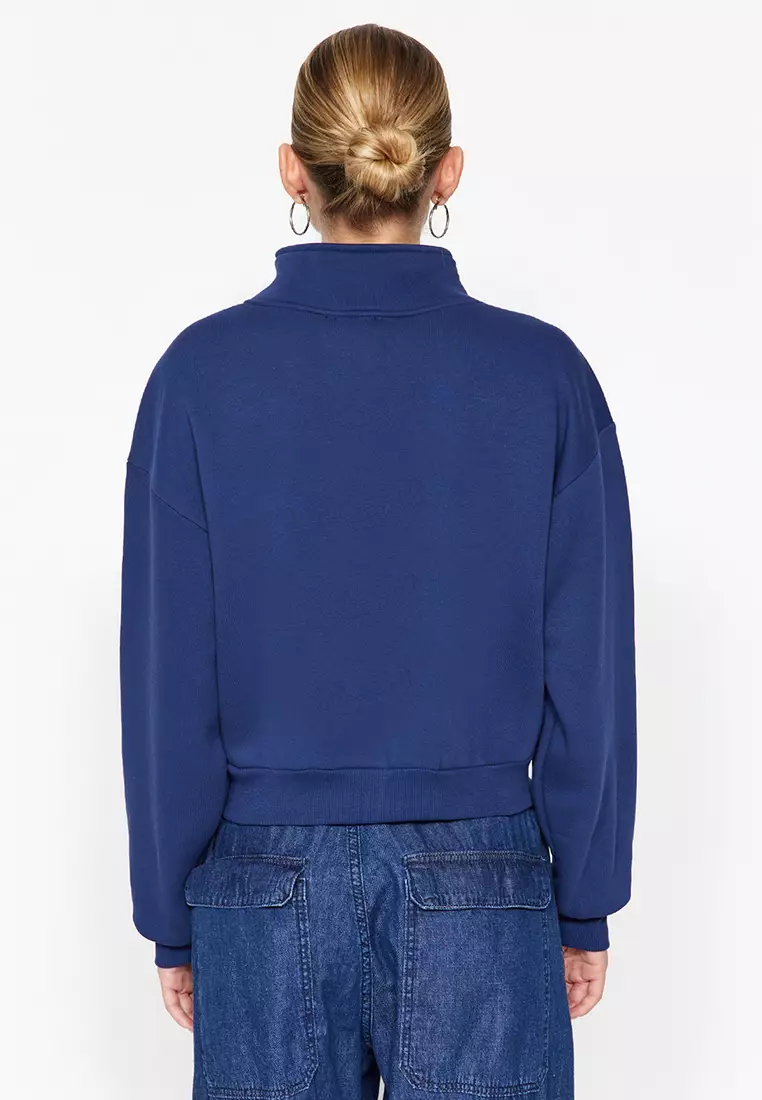 Navy Blue Relaxed Fit Crop Basic Zippered Stand Collar Thick Fleece Inside Knitted Sweatshirt