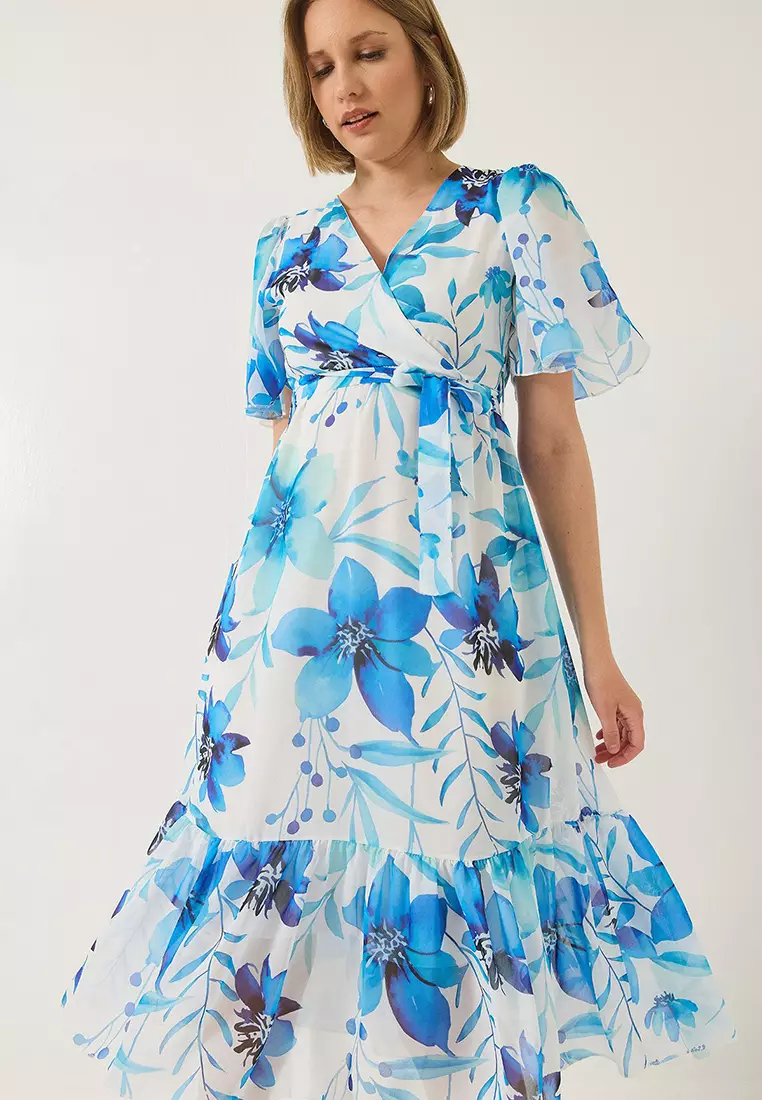 Women's Double Breasted Collar Elastic Waist Belted Lined Patterned Chiffon Dress 60283211