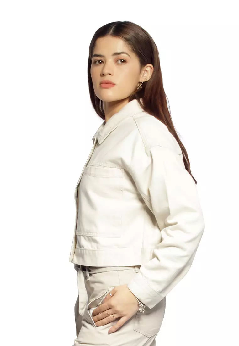 Cropped beige deals denim jacket