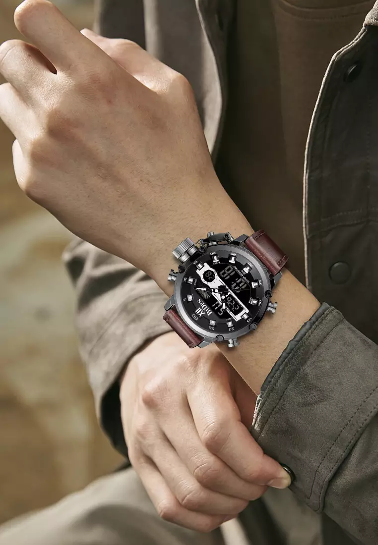 jam tangan pria fashion casual sport leather band bisnis military Luminous Waterproof Multifunction LED display Chronograph watch