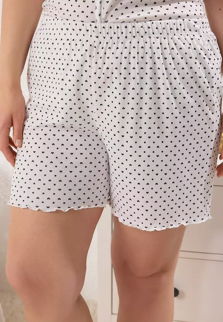 Ecru Heart Patterned Buttoned Camisole Shorts Knitted Pajama Set Tbbss25Ai00104