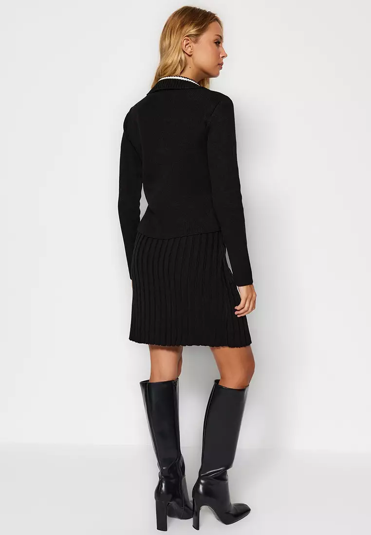 Buttoned Cardigan with Skirt Set