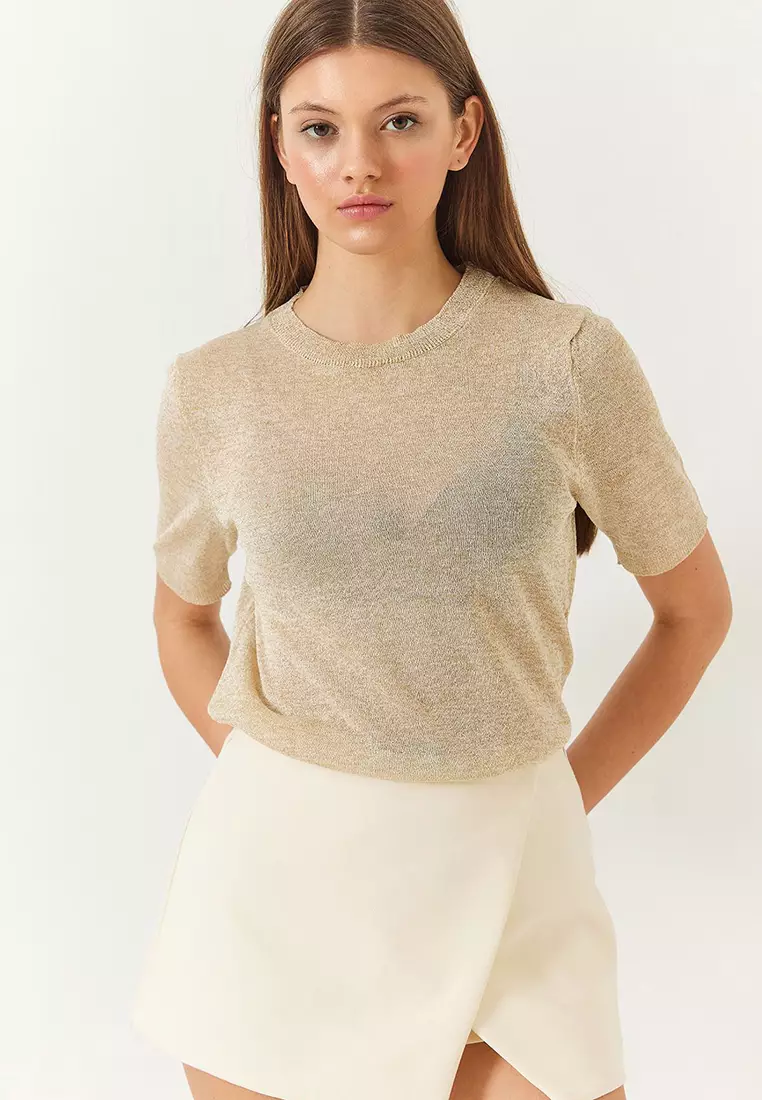 Women's Crew Neck Self-Shiny Short Sleeve T-Shirt 60261443