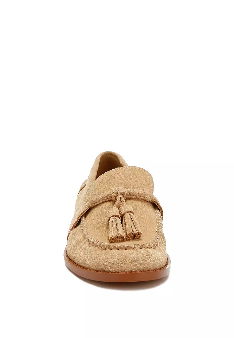 Beige Tassels Detail Suede Loafers