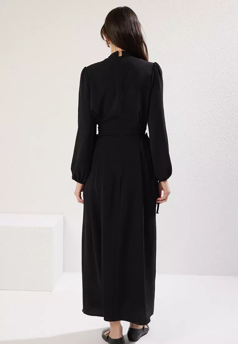 Black Judge Collar Waist Brit Aerobin Woven Dress TCTSS25EB00082