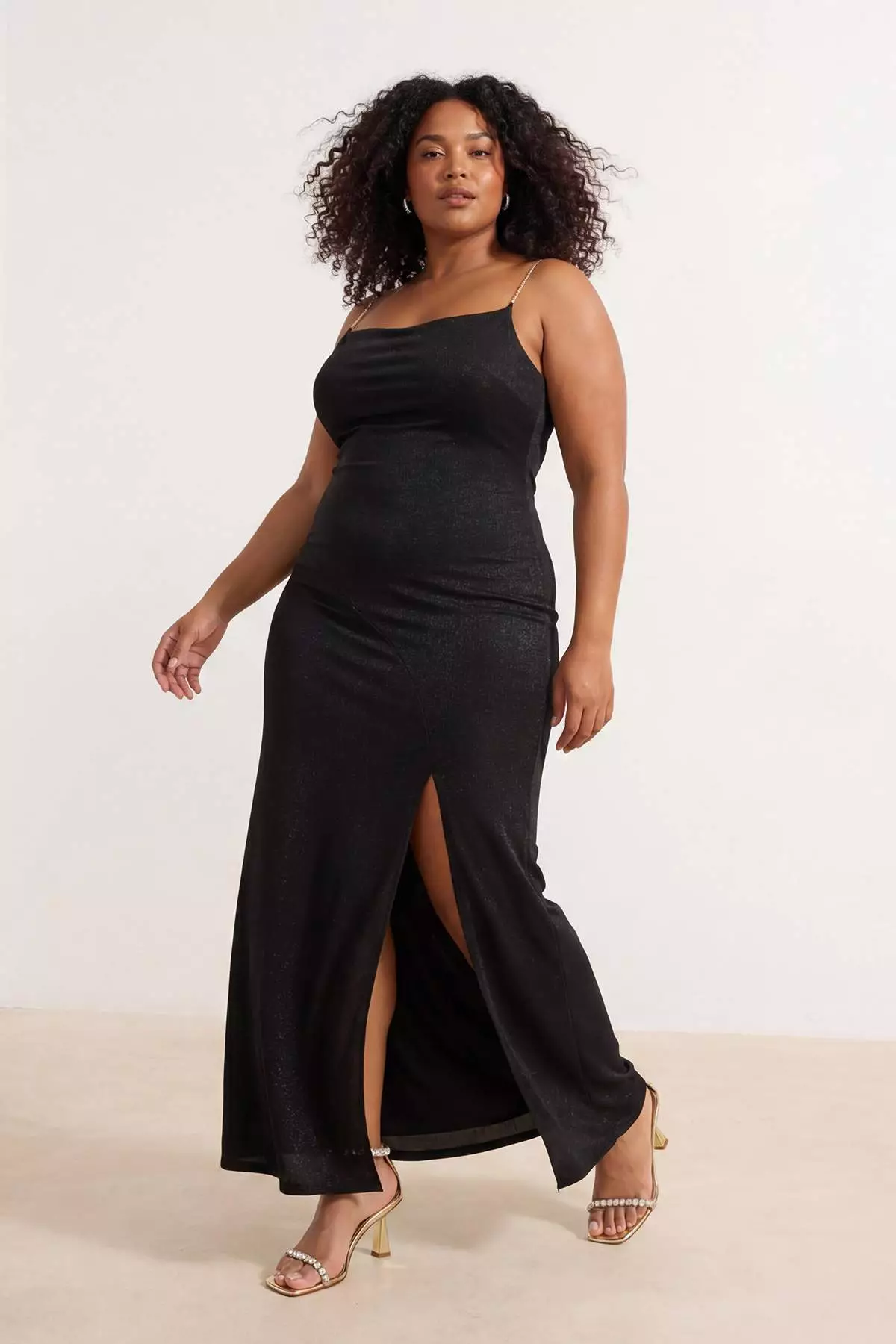 Black Lined Glitter Knitted Long Stylish Plus Size Evening Gown Night Graduation Dress Tbbss26Ah00155
