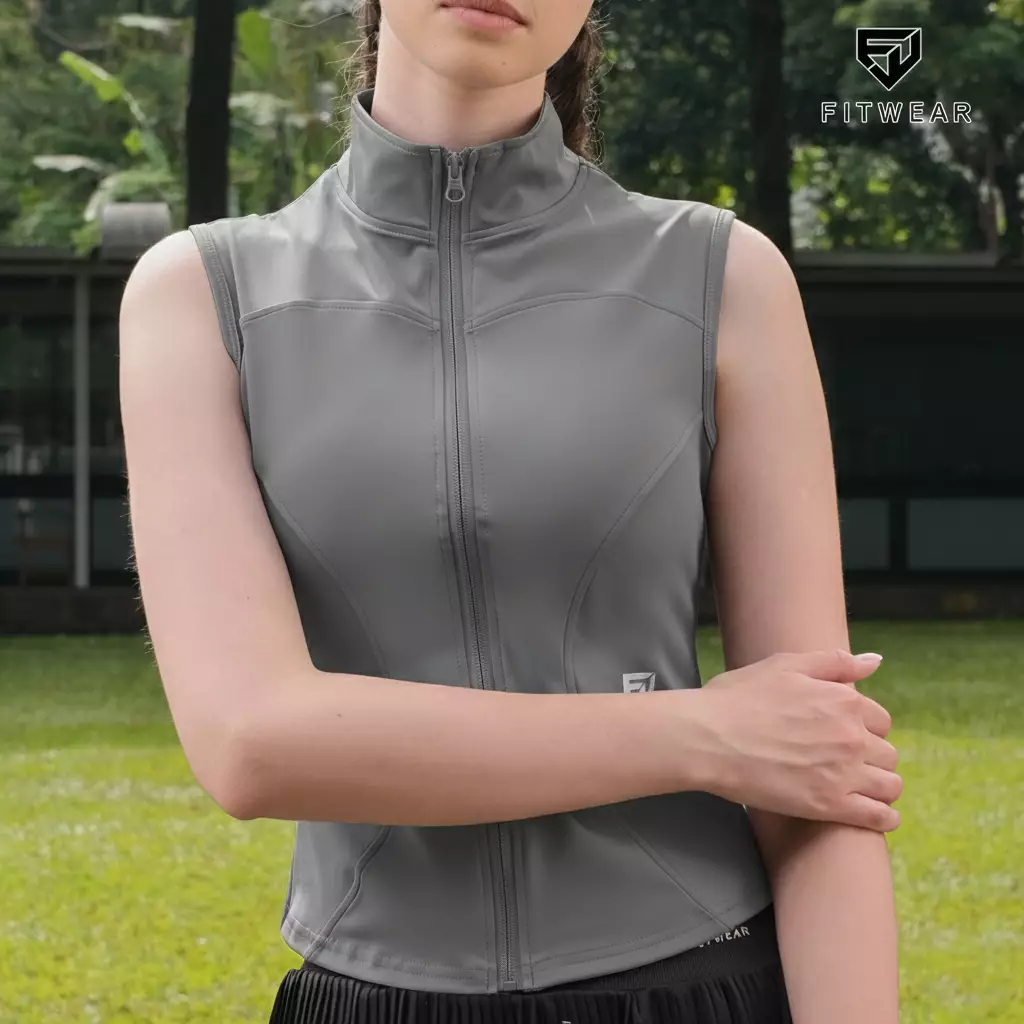 Fitwear Jaket Olahraga Padel Tenis Wanita ALIYAH SLIMFIT SLEEVELESS - GRAY