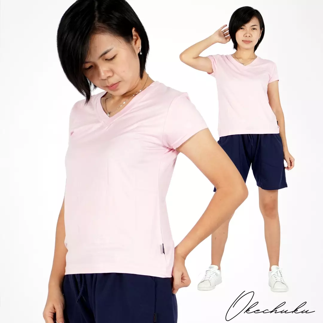 OKECHUKU Vioree T-Shirt V-Neck Polos Tangan Pendek Kaos Leher V - Pink Baby
