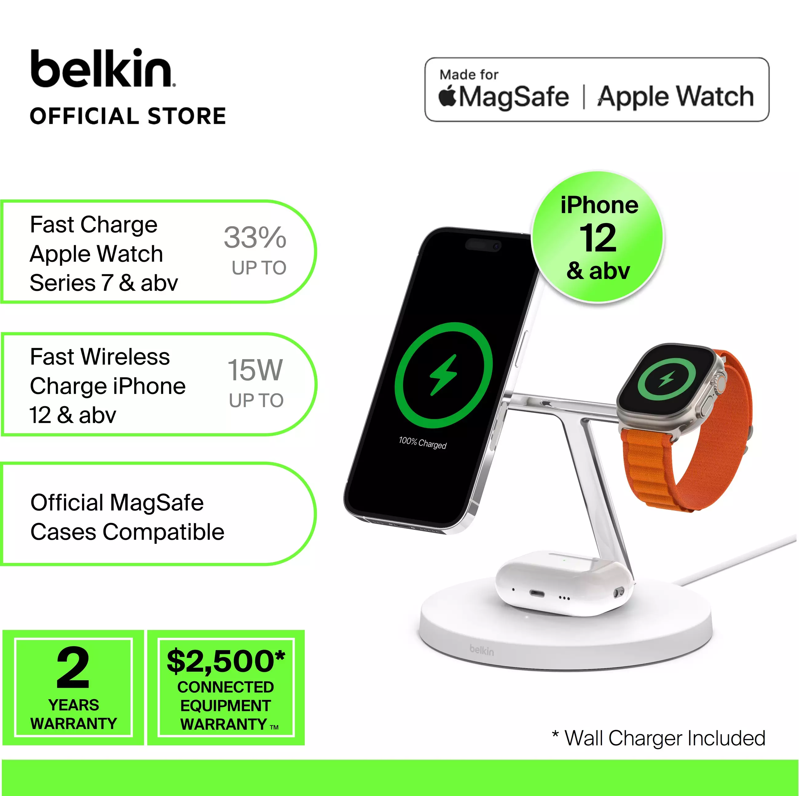 Belkin BOOST CHARGE PRO 3-in-1 Wireless Charger with MagSafe 15W 