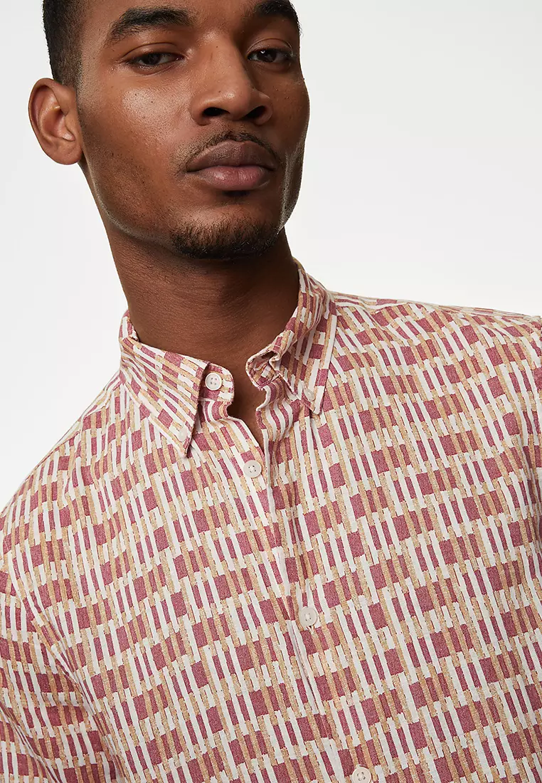 Easy Iron Cotton Linen Blend Print Shirt
