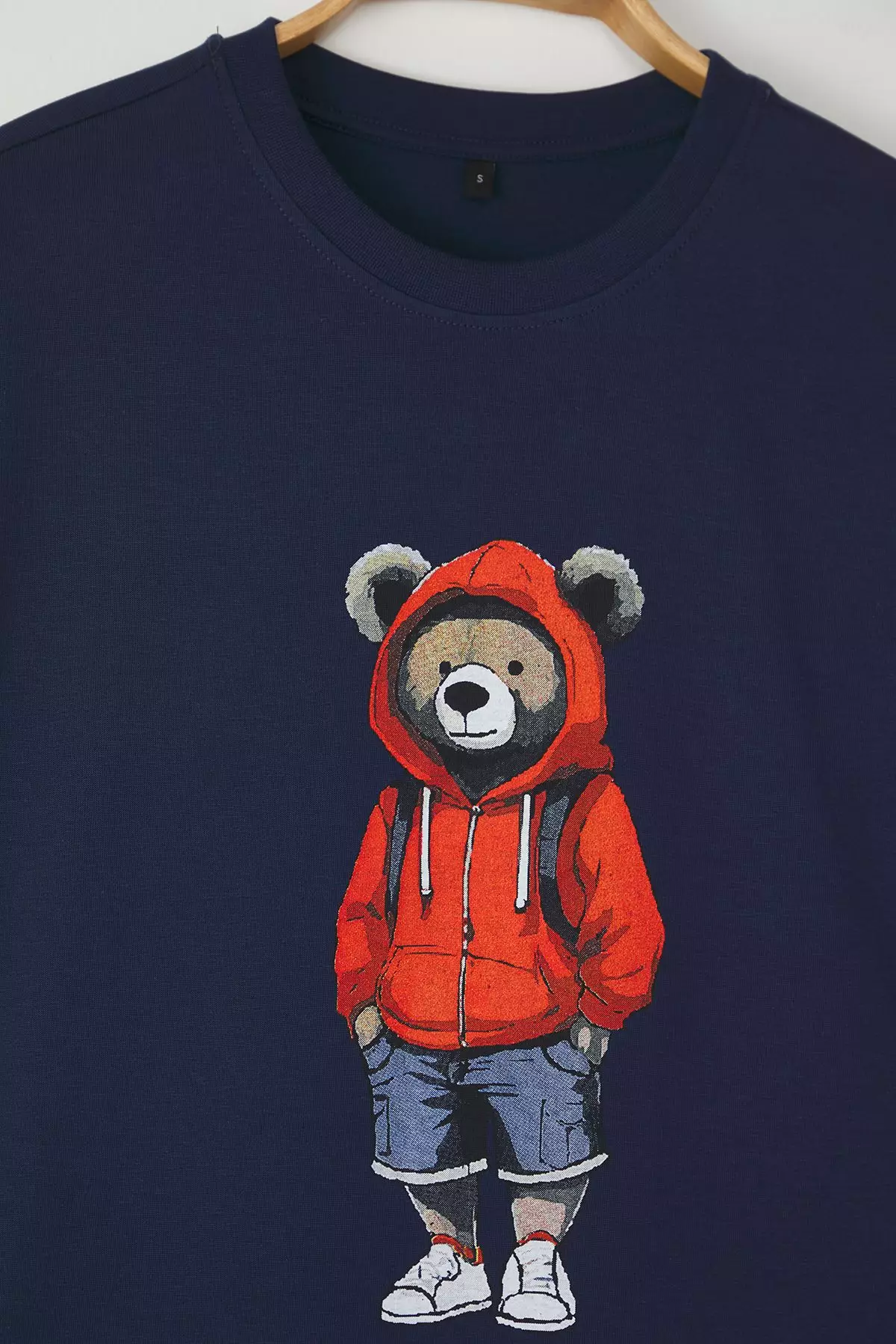 Navy Blue Unisex Oversize/Wide Cut Teddy Bear Printed 100% Cotton T-Shirt TMNSS25TS00158