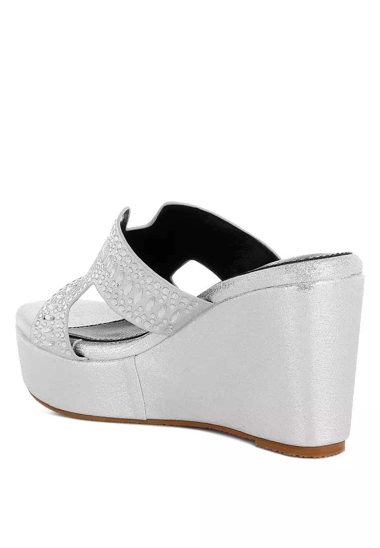 Diamante & Rhinestone Detail Cut-Out Sandals in Silver