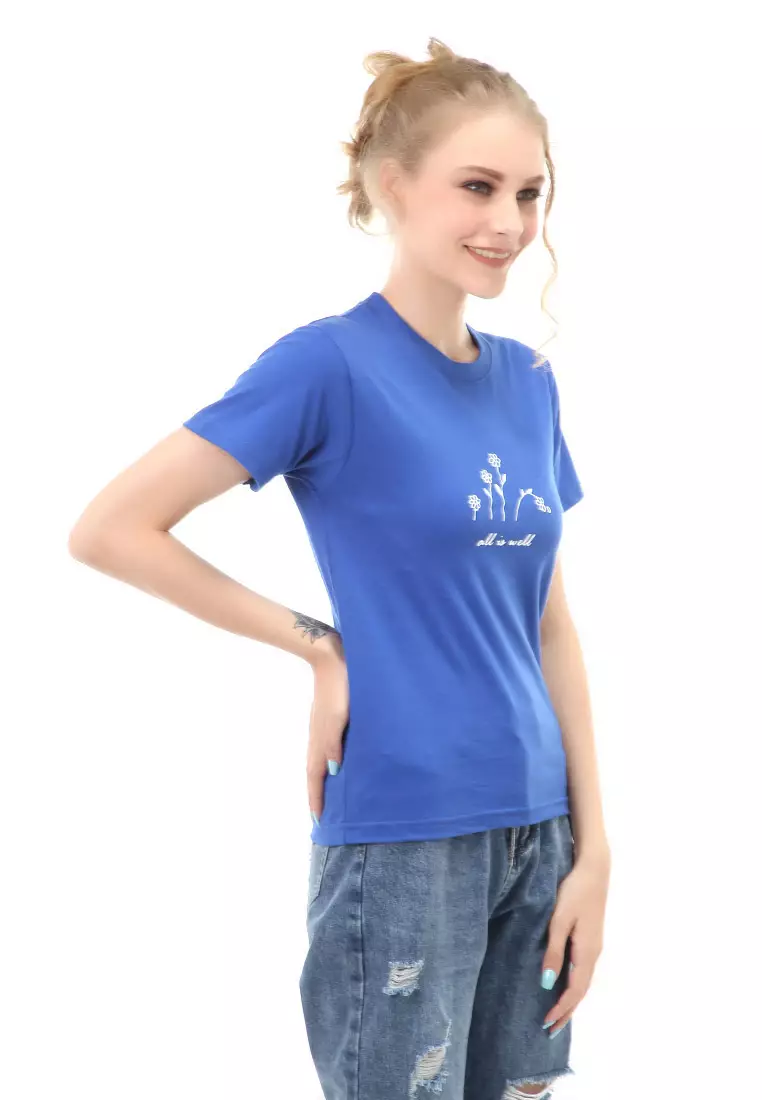 Genevie T-Shirt Kaos Kasual Wanita All Is Well Short Sleeve Material Cotton Combed ORIGINAL - Blue Benhur