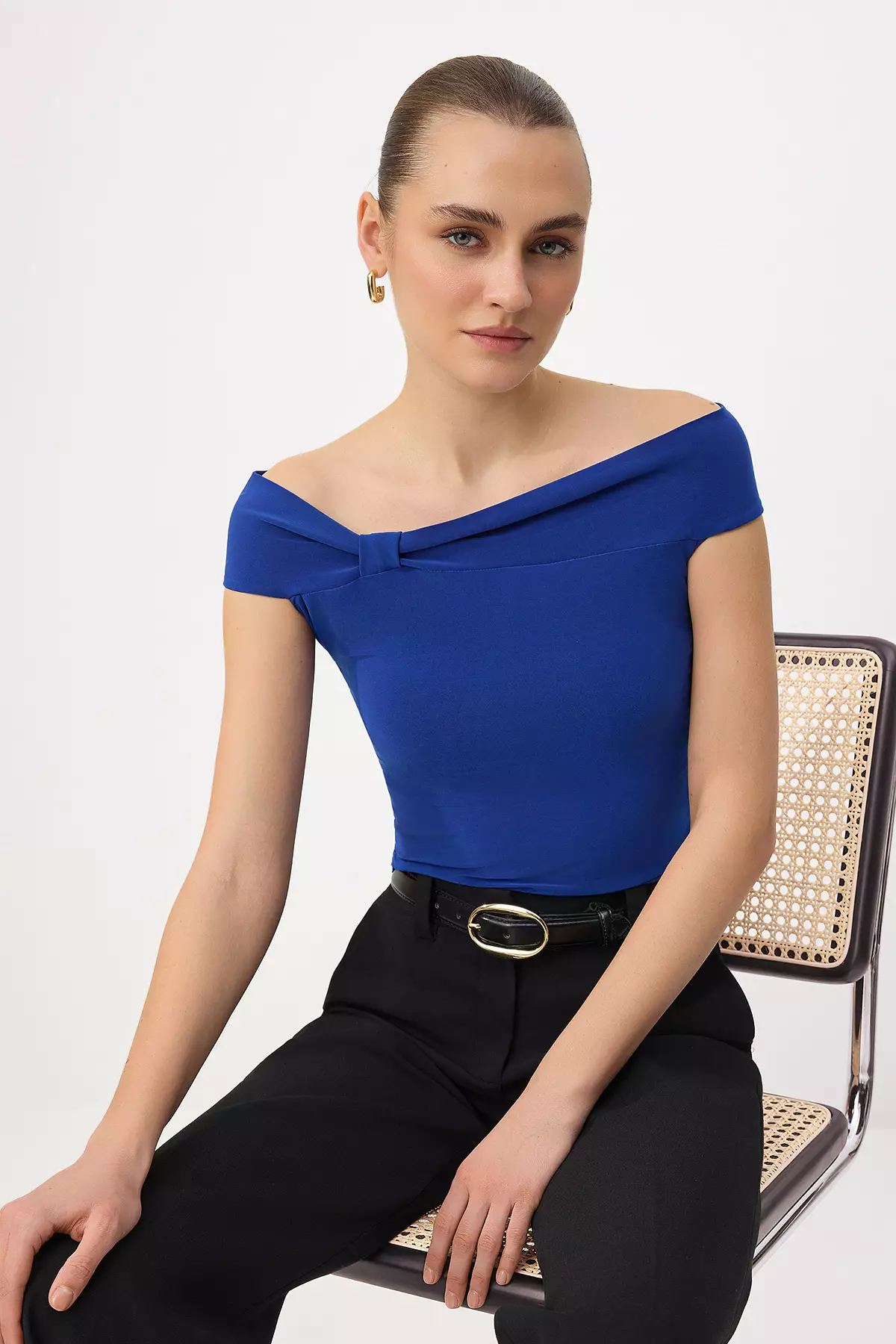Cobalt Carmen Collar Bodycon Stretchy Crop Knitted Madonna Collar Blouse Twoss24Bz368