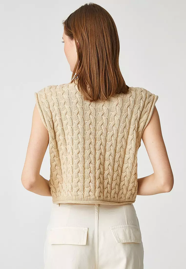 Koton Damen Crop Pullover Mit Mesh-Einsätzen Und U-Boot-Ausschnitt – Bequemer Sweater In Größe XL, Farbe Ecru