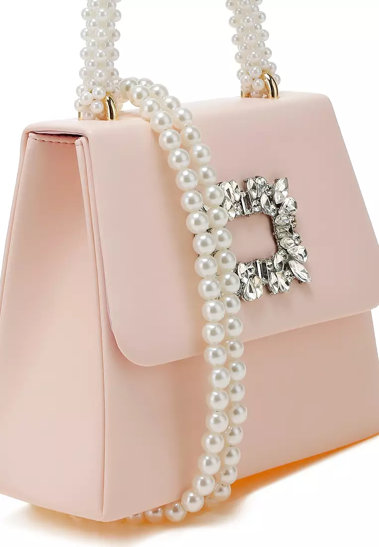 Tas Bros Berlian Imitasi dengan Pegangan Atas Mutiara Warna Pink