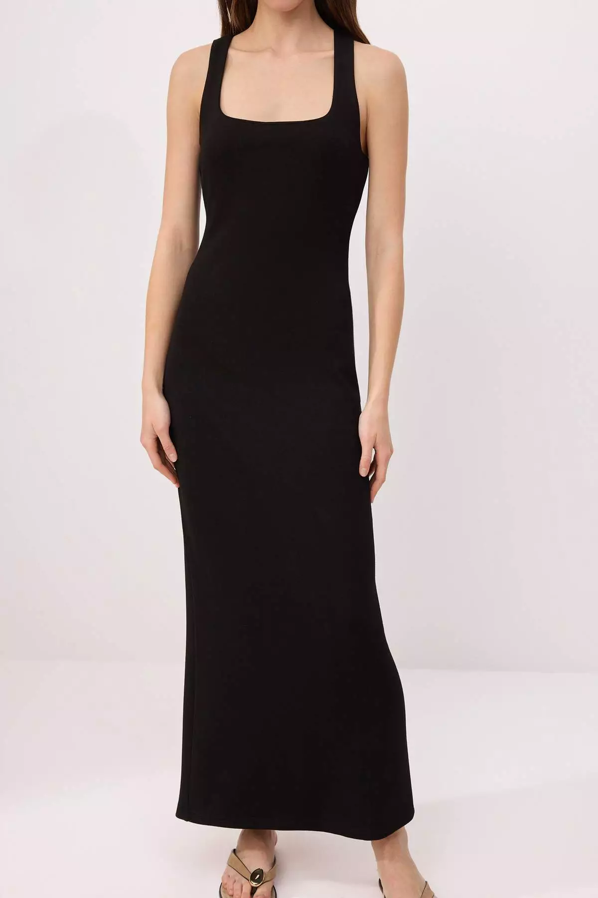 Black Bodycon Square Neck Thick Strap Sleeveless Maxi Soft Touch Knitted Dress Twoss26El631