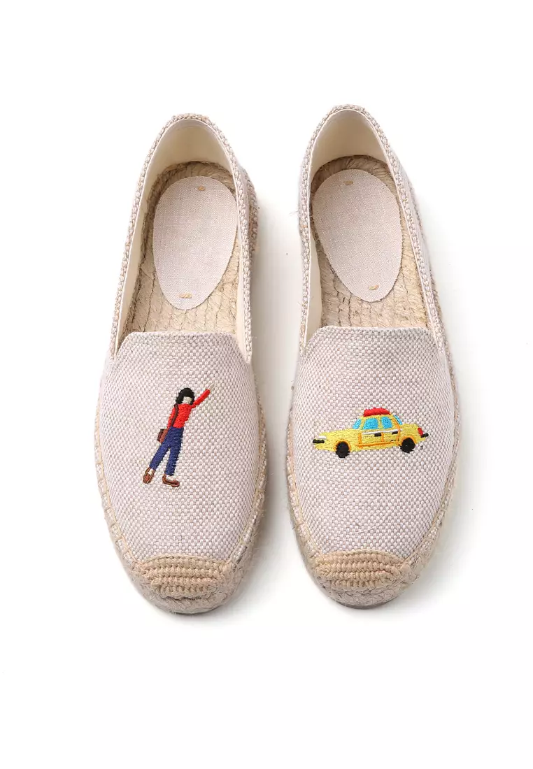 厚底刺繡亞麻布草編麻底鞋 HB6106