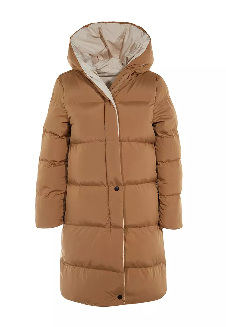 Brown-Ecru Double Sided Hooded Water Repellent Long Puffer Jacket TWOAW23MO00052