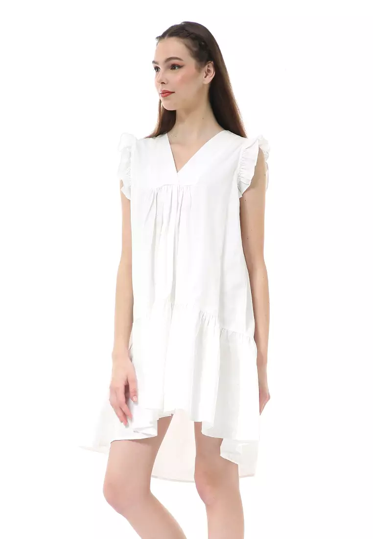 Rachel Mini Dress Ruffle Wanita Lengan Pendek Motif Polos Material Cotton ORIGINAL - White