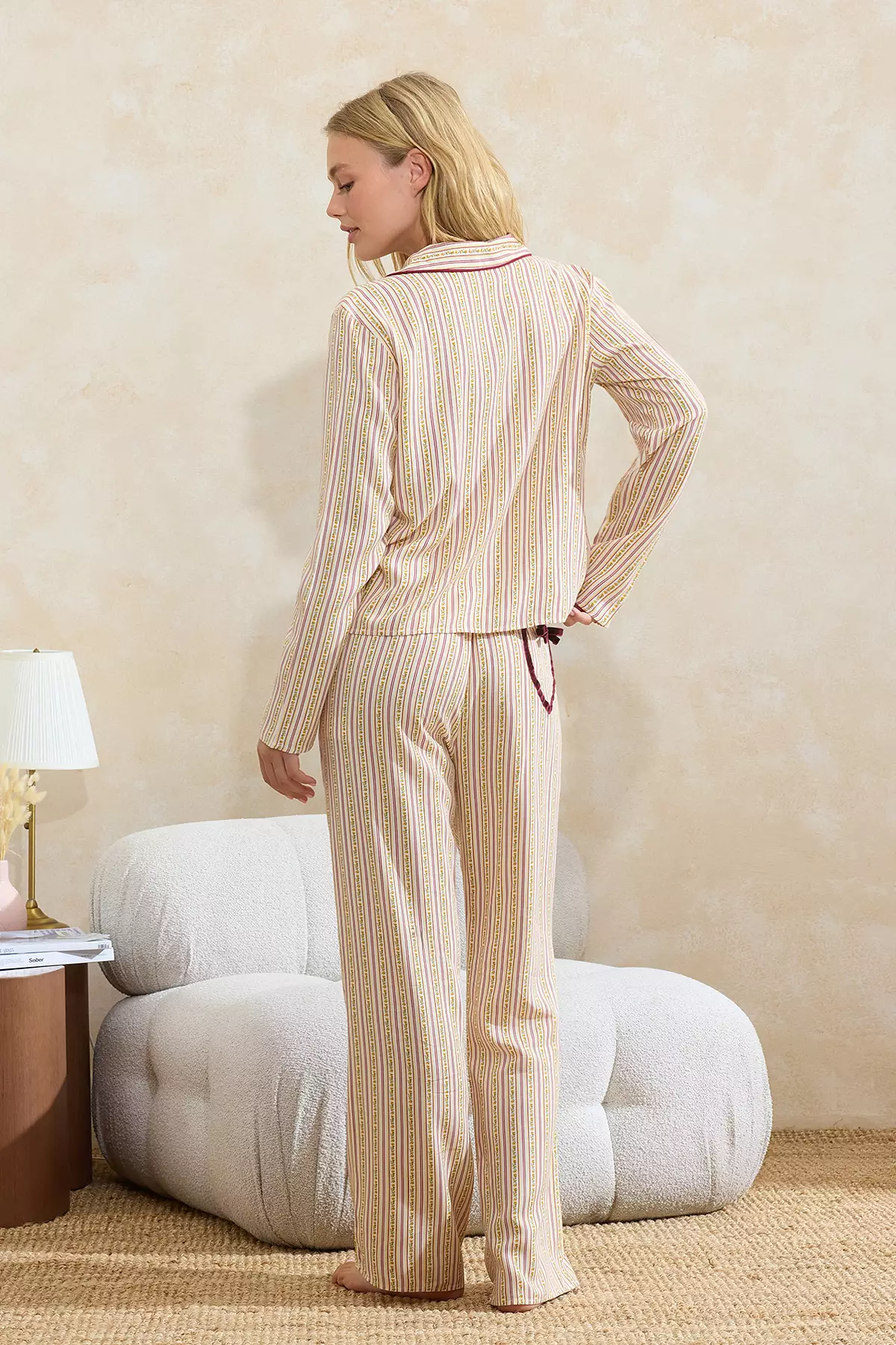 Burgundy-Multicolor Floral Heart Detailed Viscose Woven Pajamas Set Thmss26Pt6