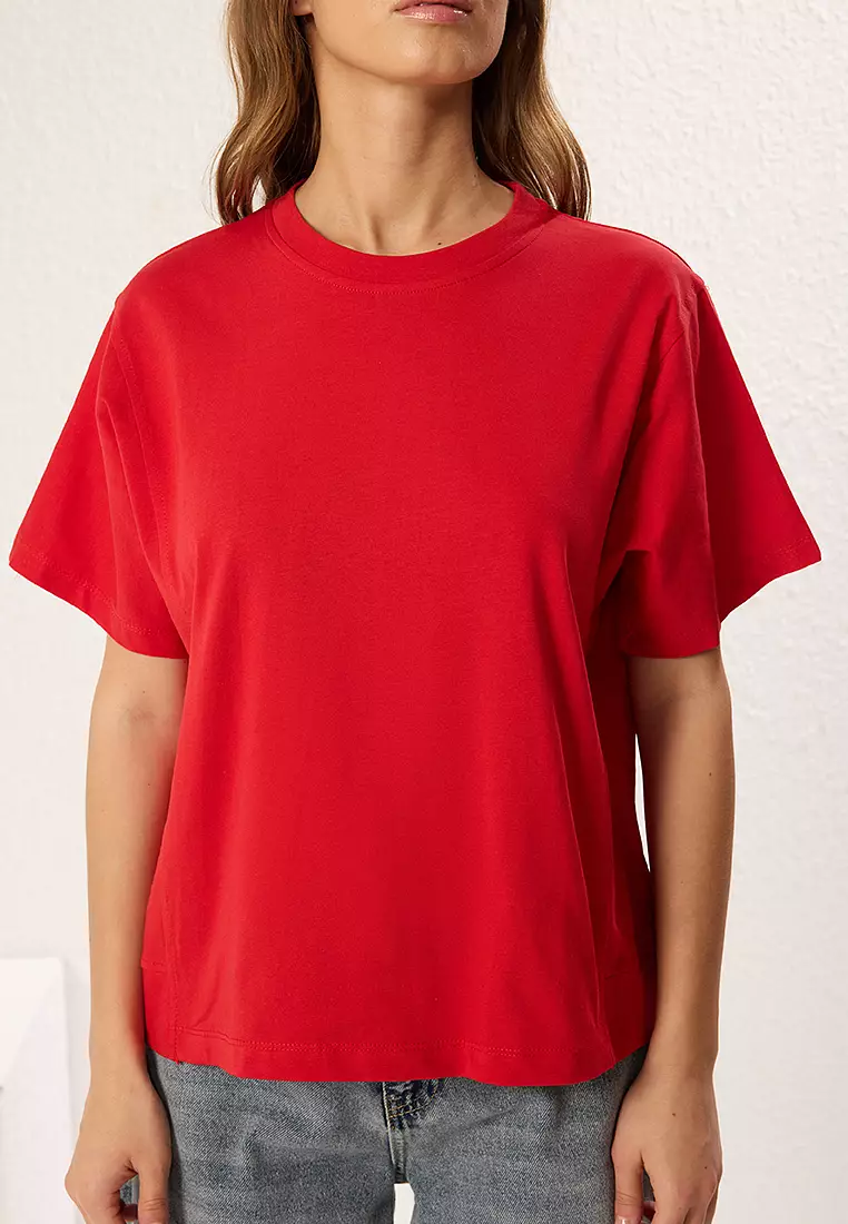 Red Stitch Detail Relaxed/Comfortable Pattern Knitted T-Shirt
