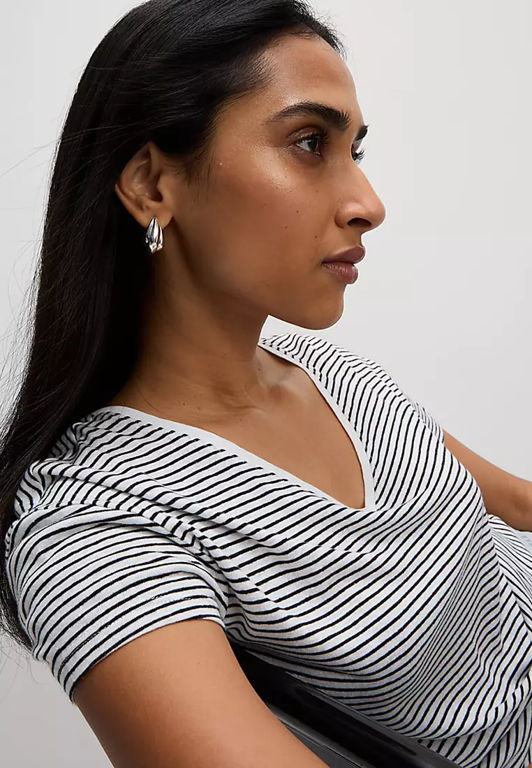 Linen Blend Striped V-Neck T-Shirt