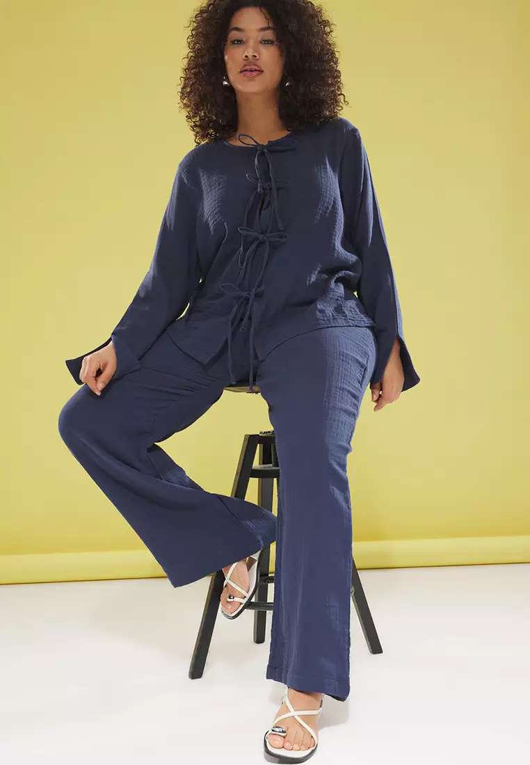 Navy Blue Bowknot Muslin 100% Cotton Woven Plus Size Top-Bottom Set Tbbss25Cp00009