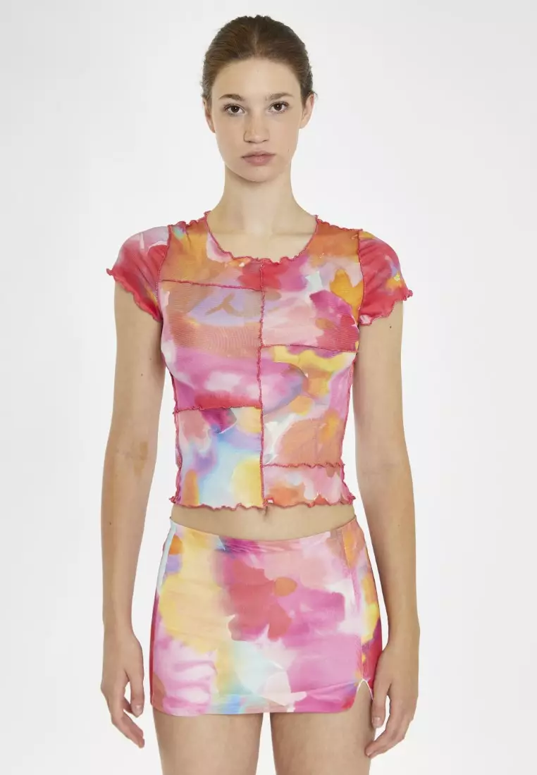 Multi Watercolour Flower Exposed Seam T-Shirt