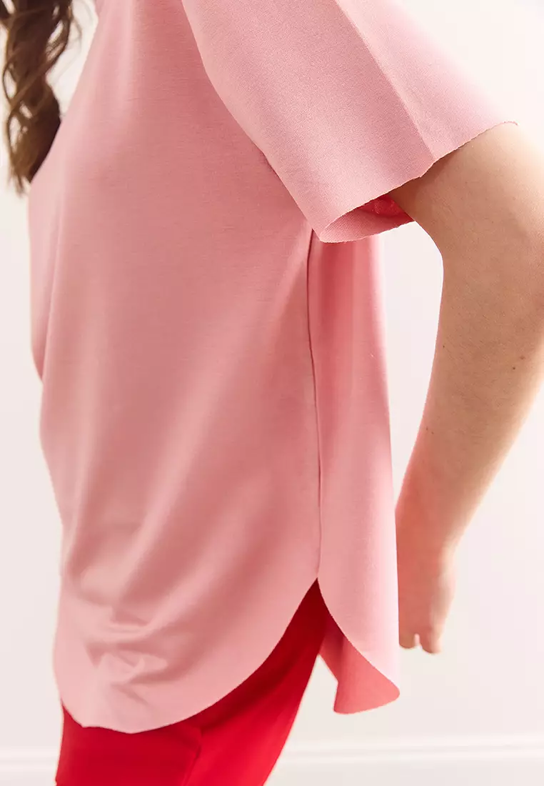 女裝粉末莫代爾紋理柔軟紋理六個橢圓形T恤 Tsh-19000771