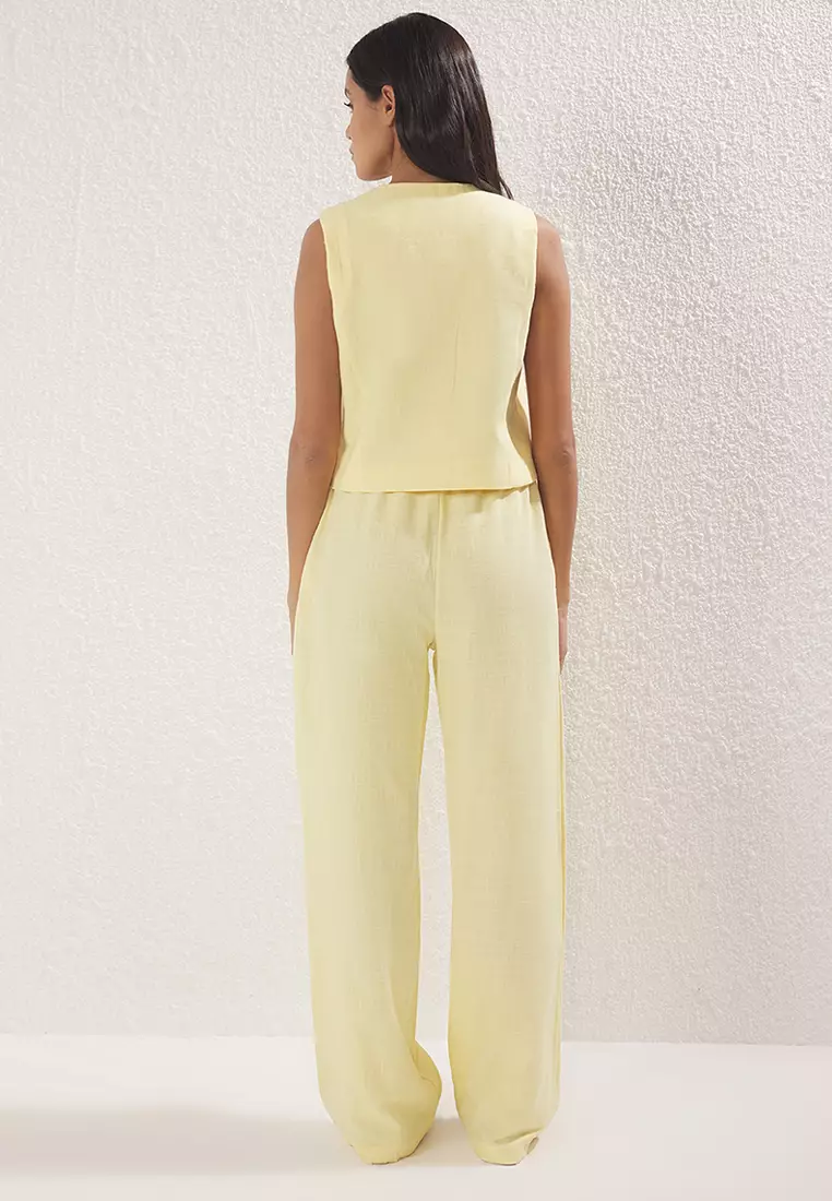 Yellow Bow Linen Look Blouse with Wide Leg Trousers Woven Double Bottom-Top Set TWOSS25AU00034