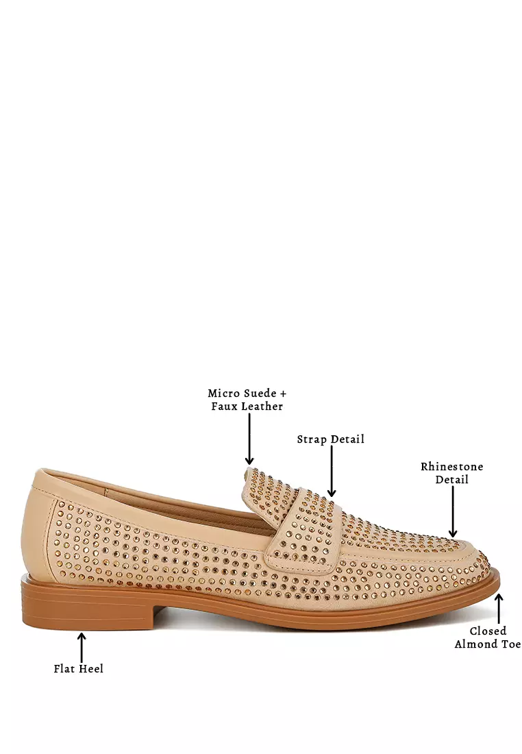 Beige Rhinestones Embellished Loafers
