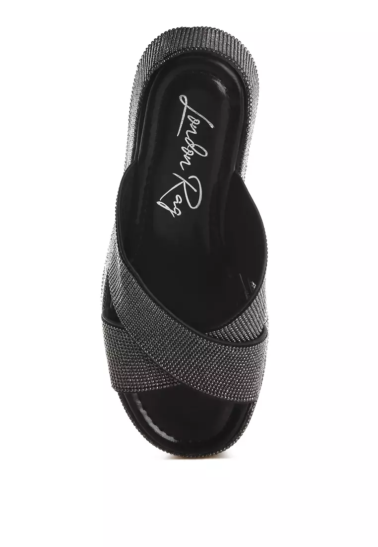 Rhinestone Embellished Flatforms In Black
