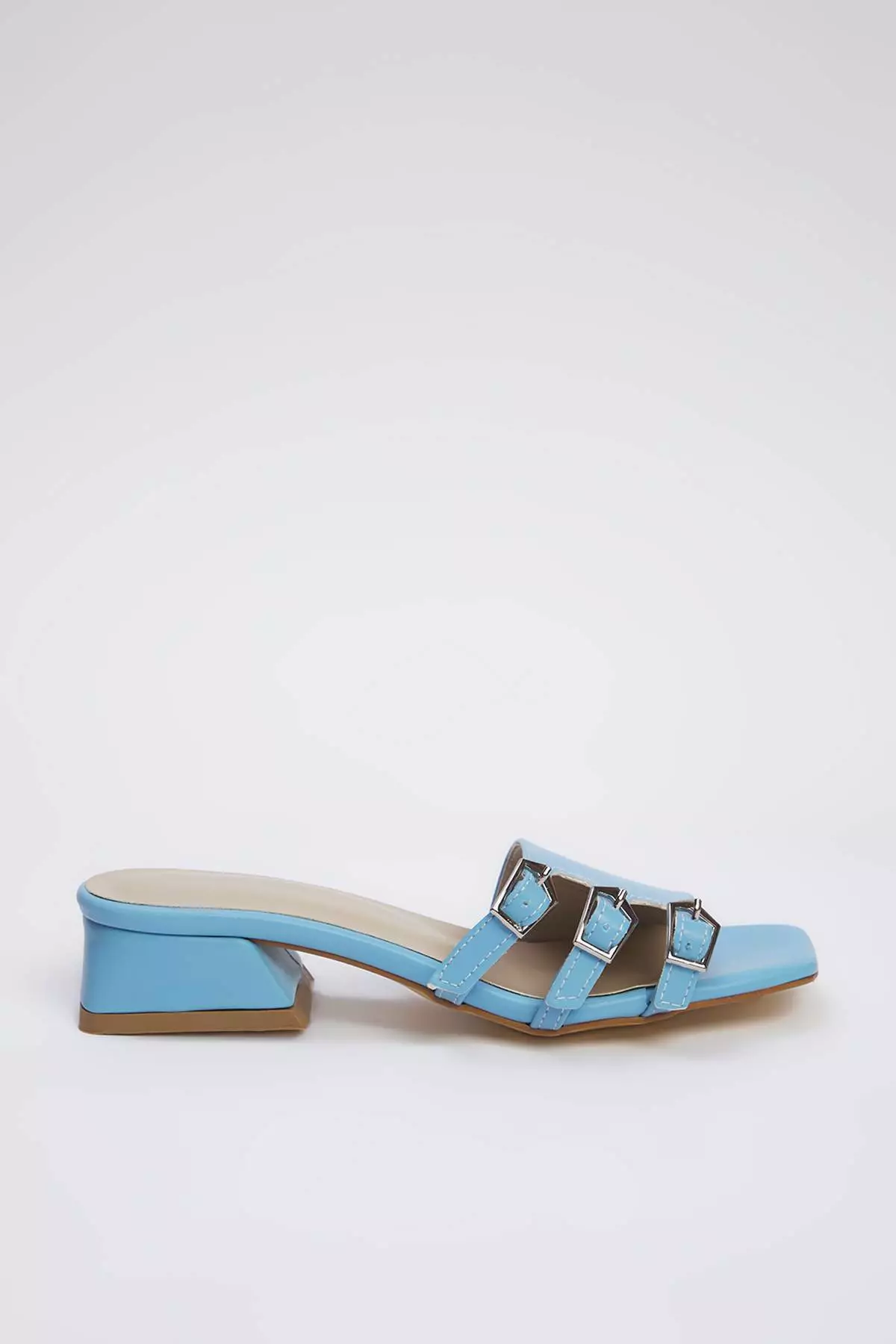Baby Blue Gold Buckle Block Heel Women Heels Slippers Takss25To00036