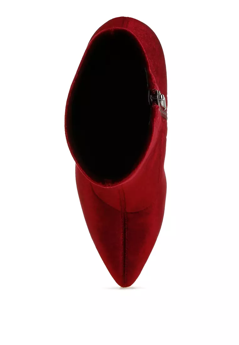 Burgundy Flared Block Heel Velvet Boots