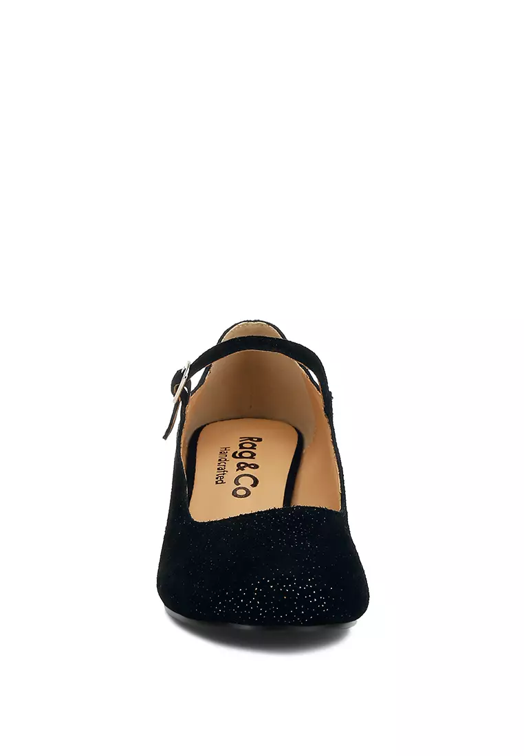 Sandal Mary Jane Suede Berkilau Hitam