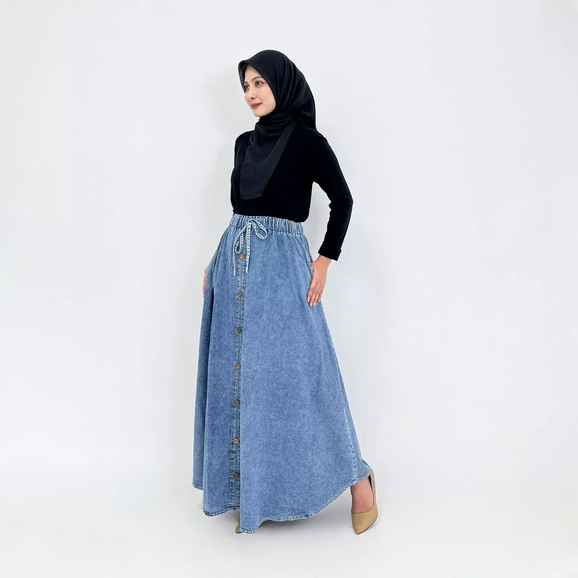 Niki Denim Flare Skirt SNOW BLUE Rok Panjang Wanita Panjang 102 cm