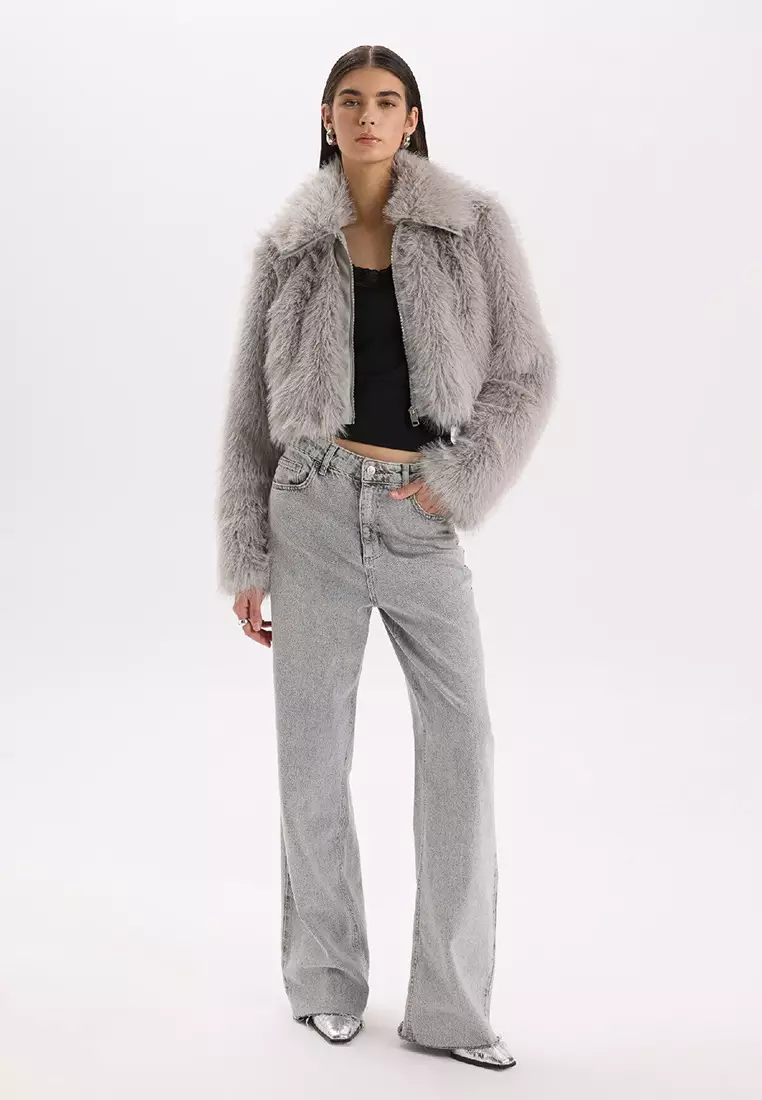 Buy DeFacto Zippered Faux Fur Jacket Coat With Regular Fit