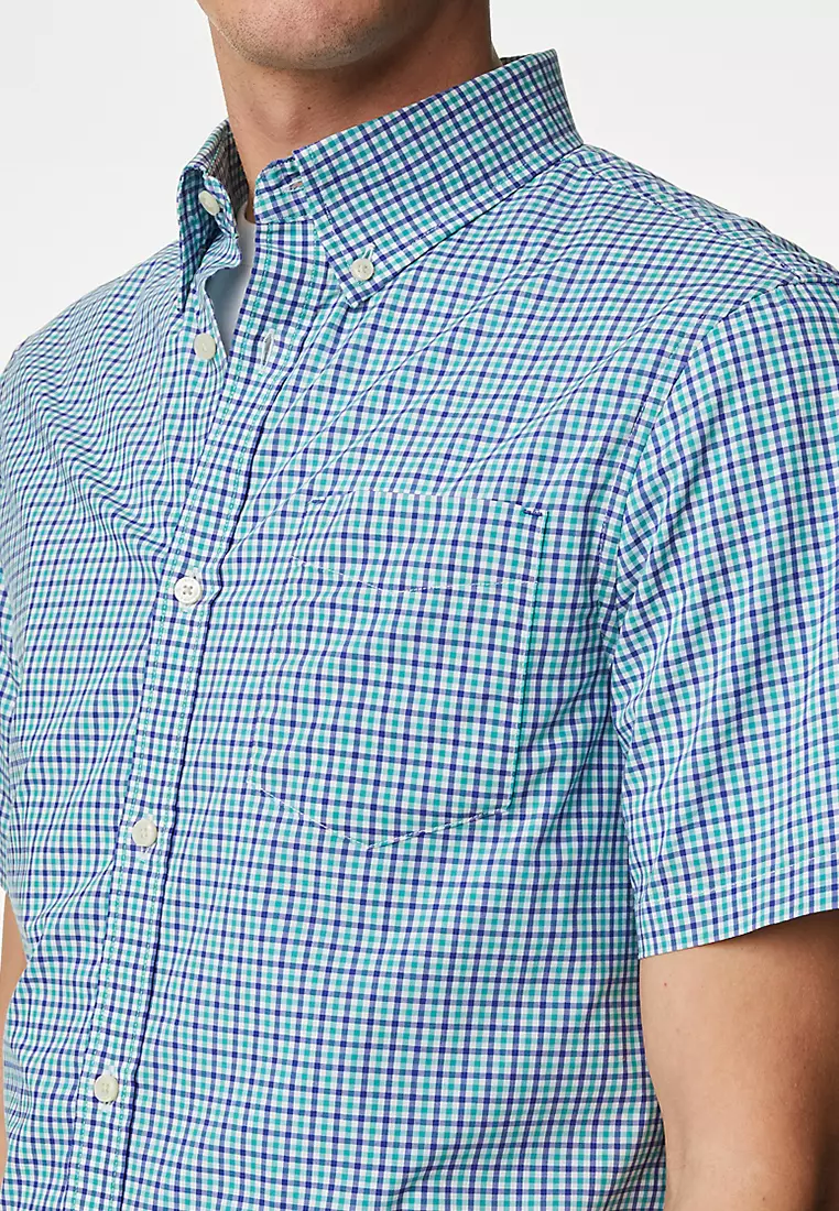 Easy Iron Cotton Stretch Gingham Check Oxford Shirt