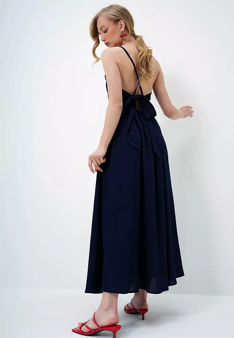 Women's Navy Blue Rope Strap Back Tie Detailed Maxi Length Summer Dress Alc-X13471